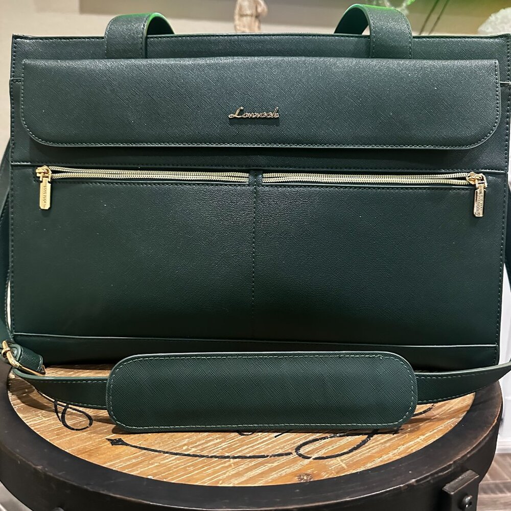 Lovenook Structured Work Tote Laptop Bag Green Saffiano Faux Leather Gold HW